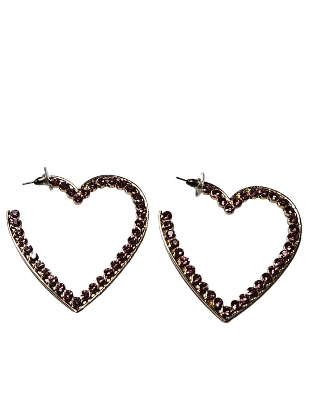 Vintage Heart Shaped Drop Earrings Pink Rhinestone Gold Tone Fashion Jewelry